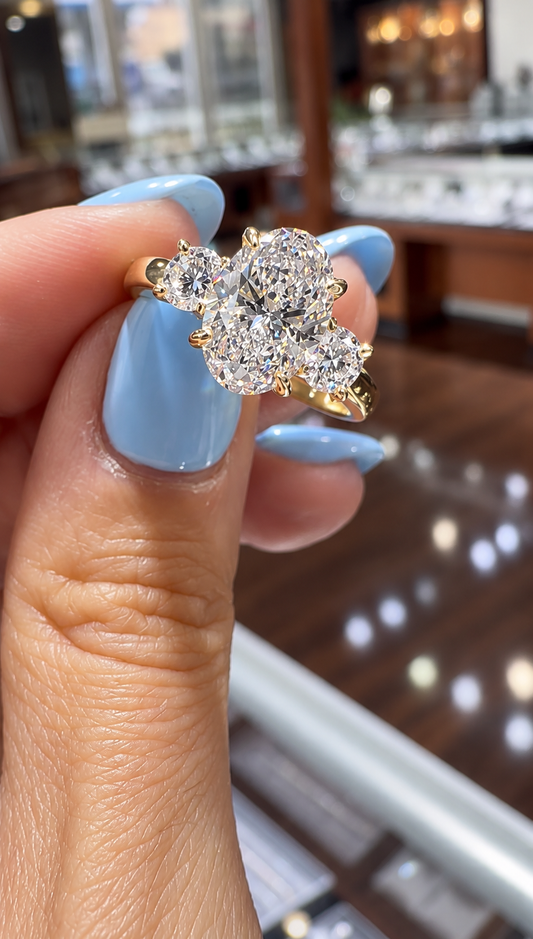 14k Yellow Gold 3.00ctw Three Stone Lab Grown Oval Diamond Engagement Ring