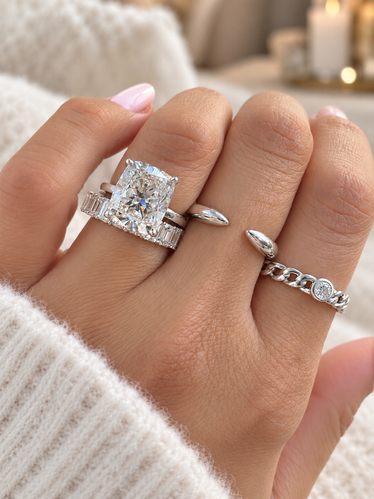 14k White Gold 4.00ct Lab Grown Elongated Cushion Diamond Solitaire Engagement Ring