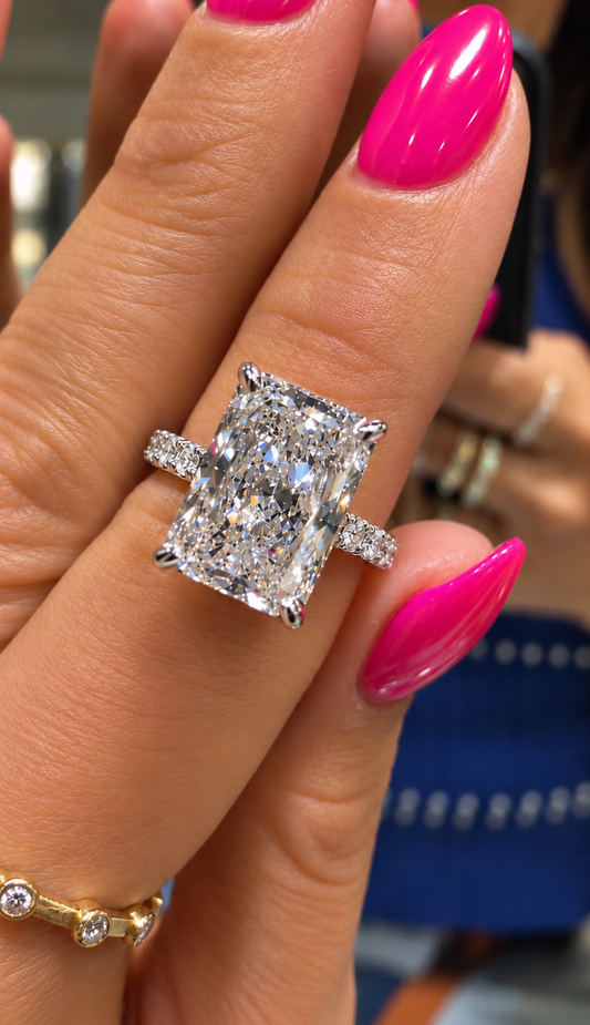 14k White Gold 5.50ct Lab Grown Elongated Radiant Diamond Band Hidden Halo Engagement Ring