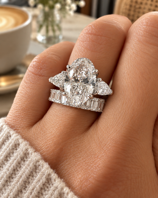 14k White Gold 4.50ctw Three Stone Lab Grown Oval & Pear Diamond Engagement Ring