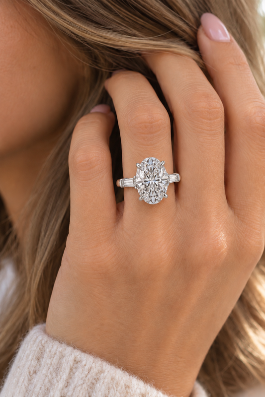 14k Yellow & White Gold Two Tone 3.50ctw Three Stone Lab Grown Oval & Tapered Baguette Diamond Engagement Ring