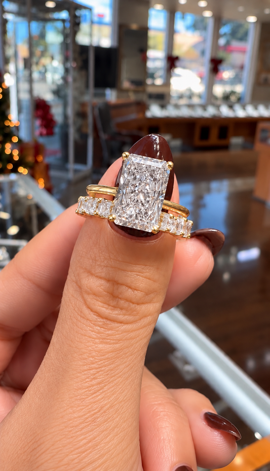 14k Yellow Gold 3.00ct Lab Grown Elongated Radiant Diamond Hidden Halo Solitaire Engagement Ring