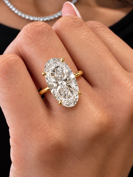 18k Yellow Gold 7.00ct Lab Grown Moval Diamond Hidden Halo Solitaire Engagement Ring