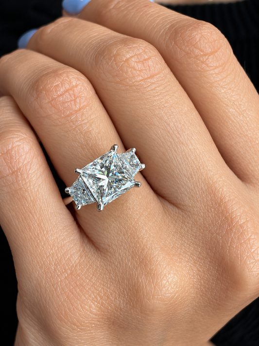 18k White Gold 4.50ctw Natural Three Stone Princess and Trapezoid Diamond Engagement Ring