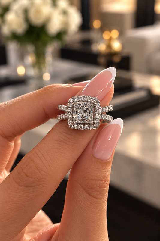 18k White Gold 3.01ct Natural Princess Diamond Halo Engagement Ring