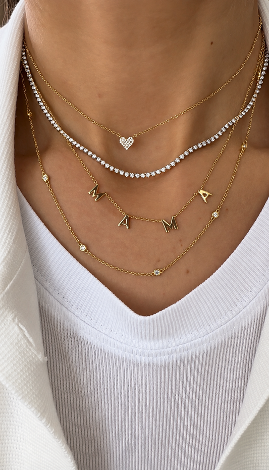 14k Yellow Solid Gold Spaced MAMA Necklace