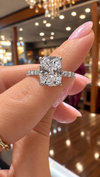 14k White Gold 3.00ct Lab Grown Elongated Cushion Hidden Halo Diamond Band Engagement Ring