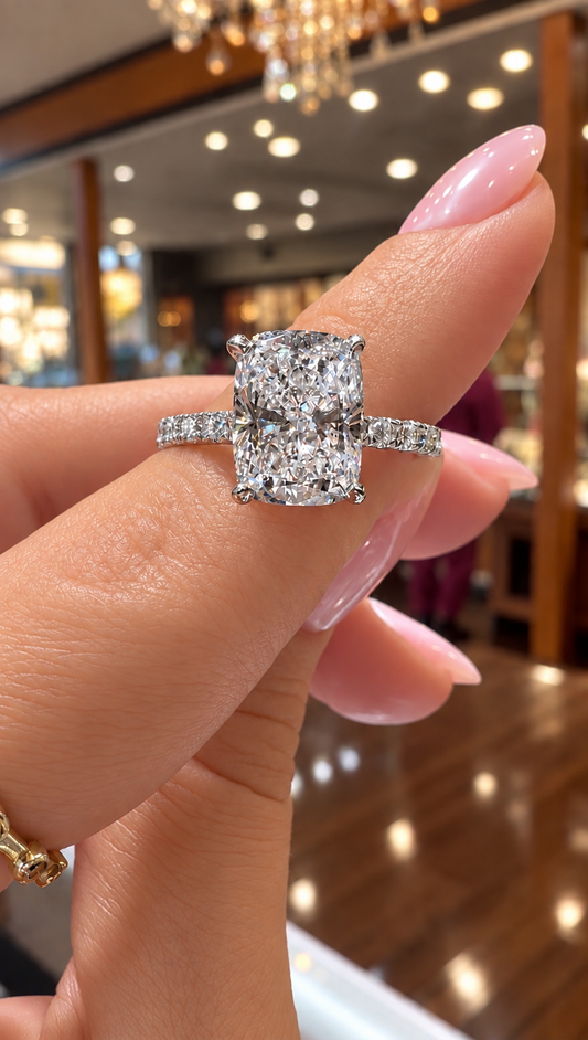 14k White Gold 3.00ct Lab Grown Elongated Cushion Hidden Halo Diamond Band Engagement Ring