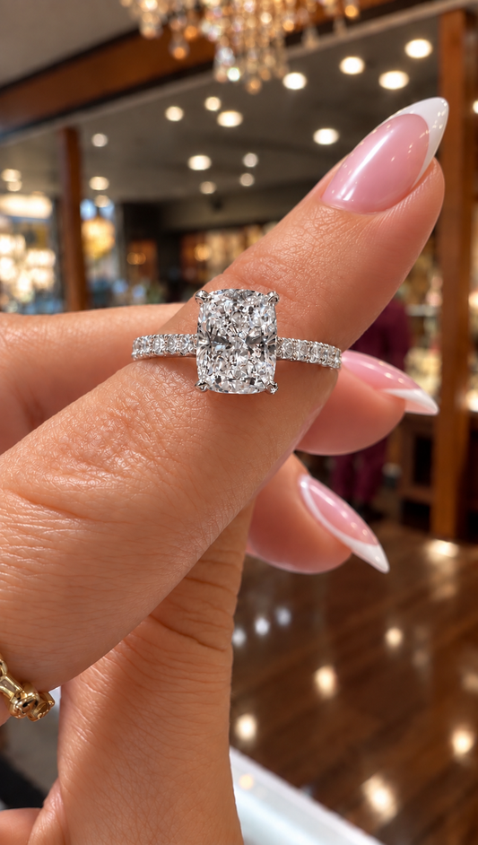 14k White Gold 2.50ct Lab Grown Elongated Cushion Diamond Band Engagement Ring