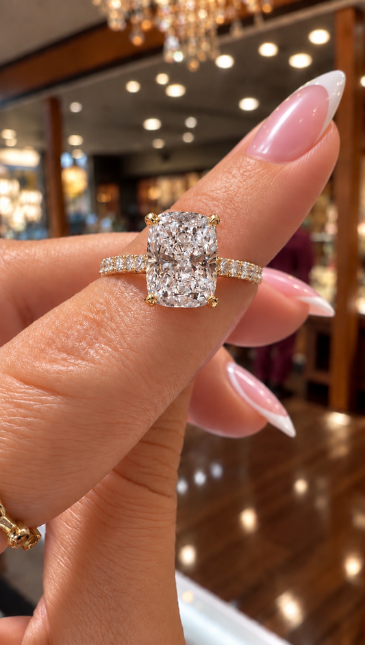 14k Yellow Gold 2.70ct Lab Grown Elongated Cushion Diamond Band Engagement Ring