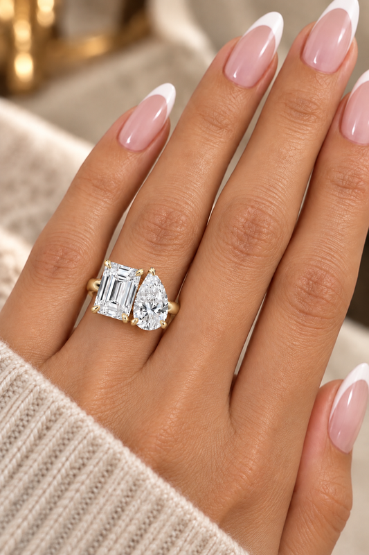14k Yellow Gold 5.50ctw Lab Grown Emerald & Pear Diamond Toi Et Moi Engagement Ring
