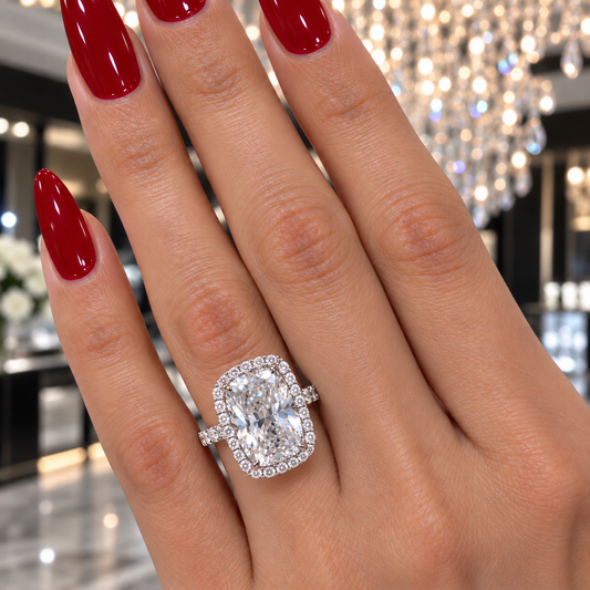 14k White Gold 4.00ct Lab Grown Elongated Cushion Diamond Halo Engagement Ring