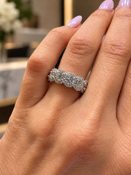 14k White Gold Lab Grown Five Stone Round Diamond Halo Band 1.75ctw