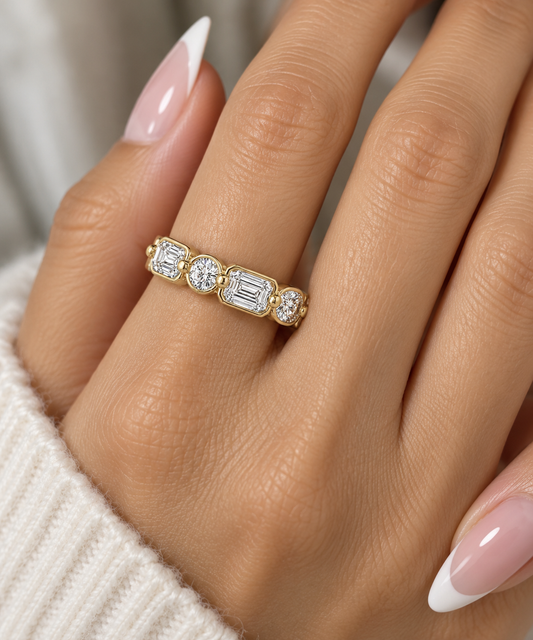 14k Yellow Gold Multi Shape Lab Grown Round & Baguette Diamond Bezel Band 1.50ctw