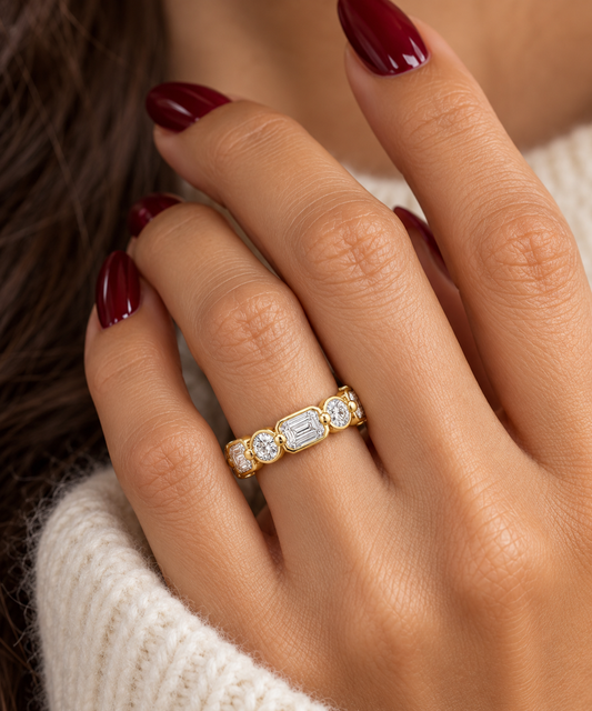 14k Yellow Gold Multi Shape Lab Grown Round & Baguette Diamond Bezel Eternity Band 3.30ctw