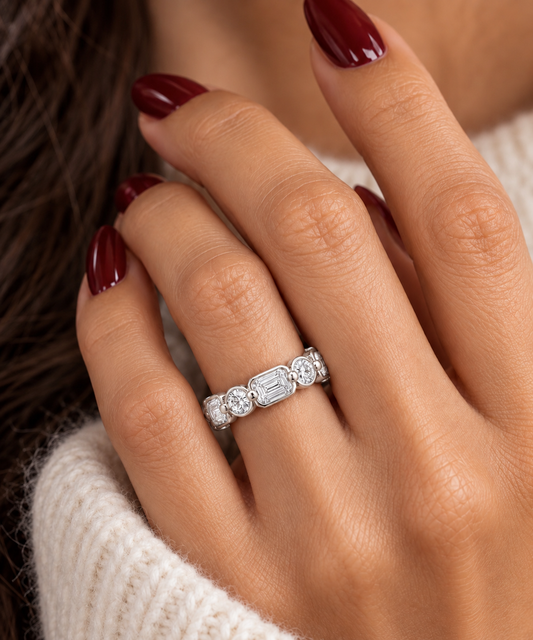 14k White Gold Multi Shape Lab Grown Round & Baguette Diamond Bezel Eternity Band 3.30ctw