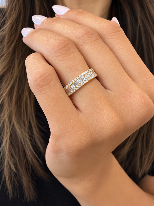 14k Yellow Gold Round & Baguette Diamond Band .55ctw