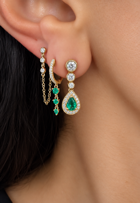 14k Yellow Gold Dangling Emeralds Huggie Earrings .30ctw