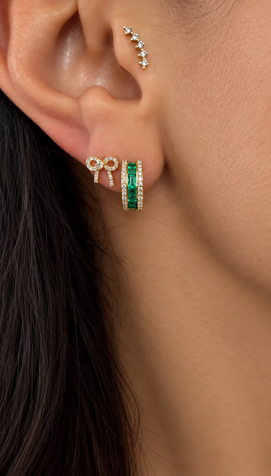 14k Yellow Gold 13mm Emerald Diamond Border Huggie Earrings .75ctw