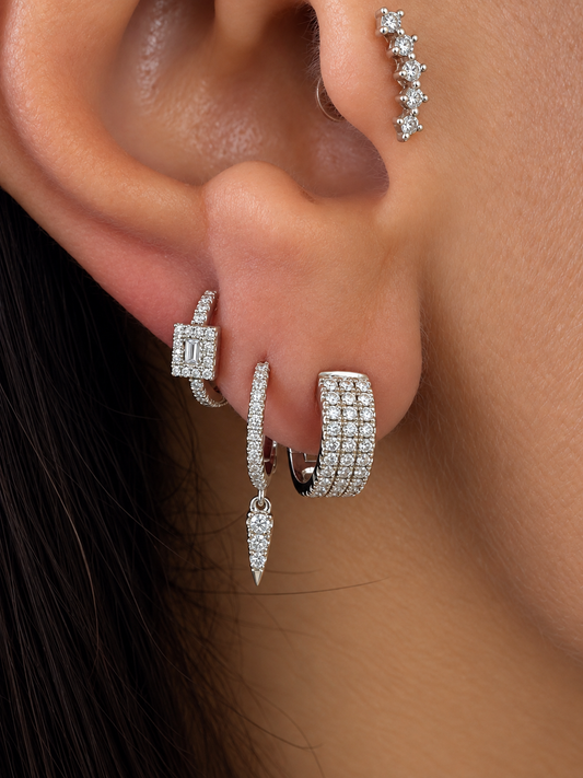 14k White Gold 11mm Baguette Halo Diamond Huggie Earrings .20ctw
