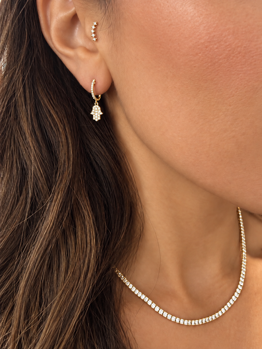 14k White Gold Dangling Hamsa Diamond Huggie Earrings .15ctw