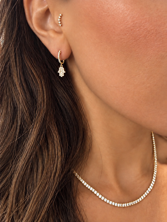 14k Yellow Gold Dangling Hamsa Diamond Huggie Earrings .20ctw