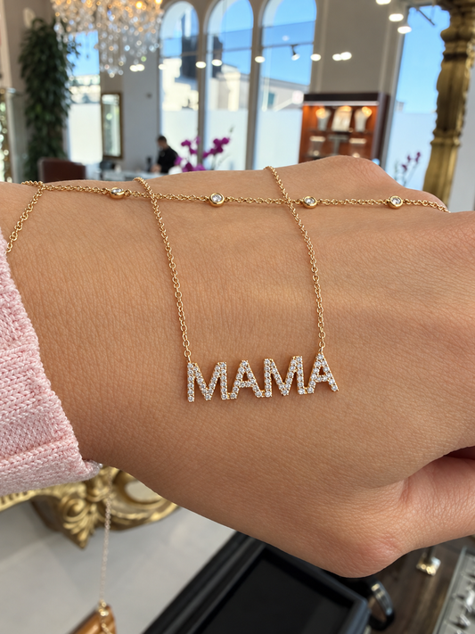 14k Yellow Gold Thin Uppercase Diamond MAMA Necklace .15ctw