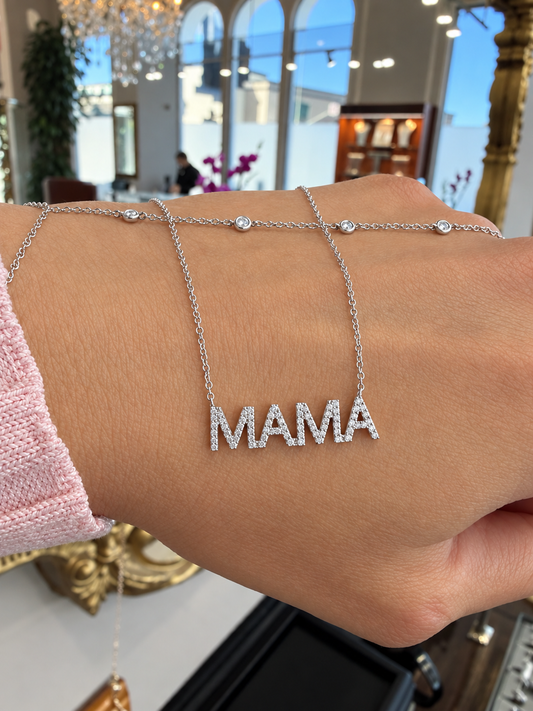 14k White Gold Thin Uppercase Diamond MAMA Necklace .15ctw