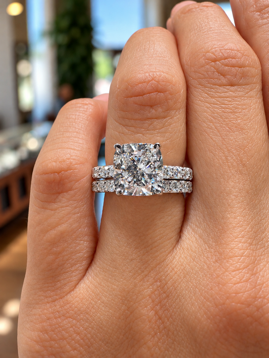 14k White Gold 3.50ct Lab Grown Square Cushion Hidden Halo Diamond Band Engagement Ring