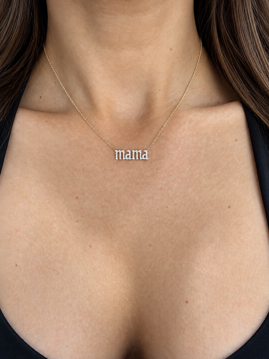 14k Yellow Gold Lowercase Old English Mama Diamond Necklace .20ctw