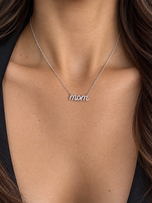 14k White Gold Lowercase Script Mom Diamond Necklace .15ctw