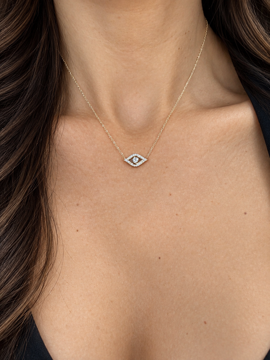 14k Yellow Gold Diamond Evil Eye Necklace .20ctw