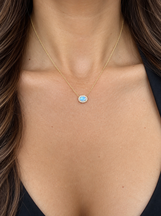 14k Yellow Gold Oval Opal Diamond Halo Necklace .30ctw