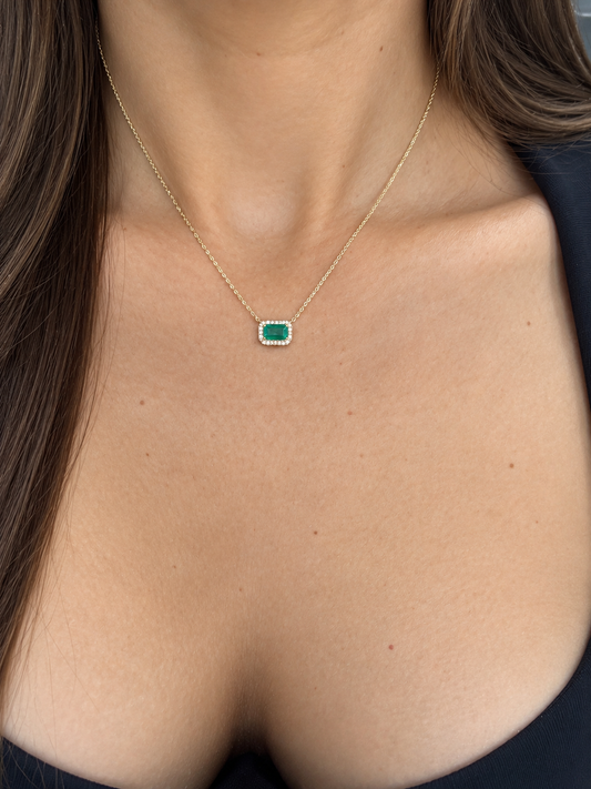 14k Yellow Gold Emerald Diamond Halo Necklace .60ctw