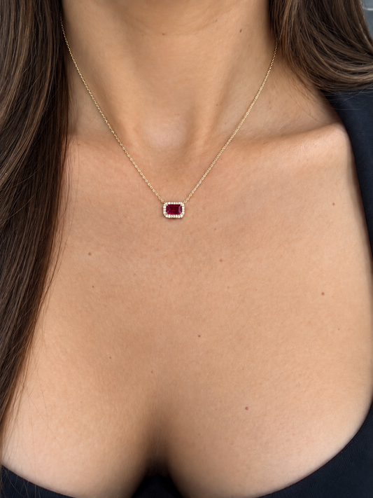 14k Yellow Gold Ruby Diamond Halo Necklace .65ctw