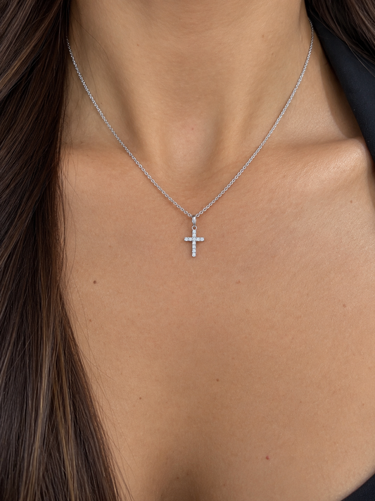14k White Gold Mini Cross Diamond Necklace 7mm