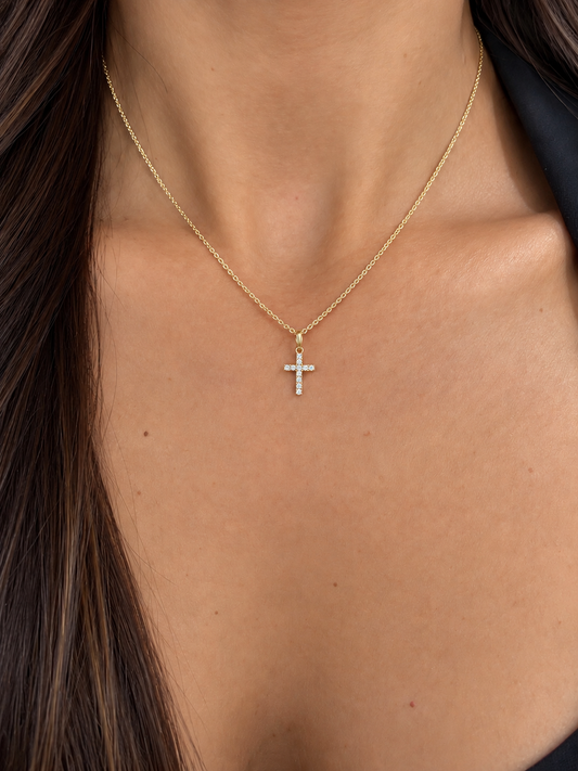14k Yellow Gold Mini Cross Diamond Necklace 7mm