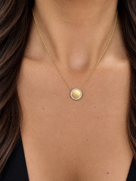 14k Yellow Gold Disc Diamond Halo Necklace 12mm
