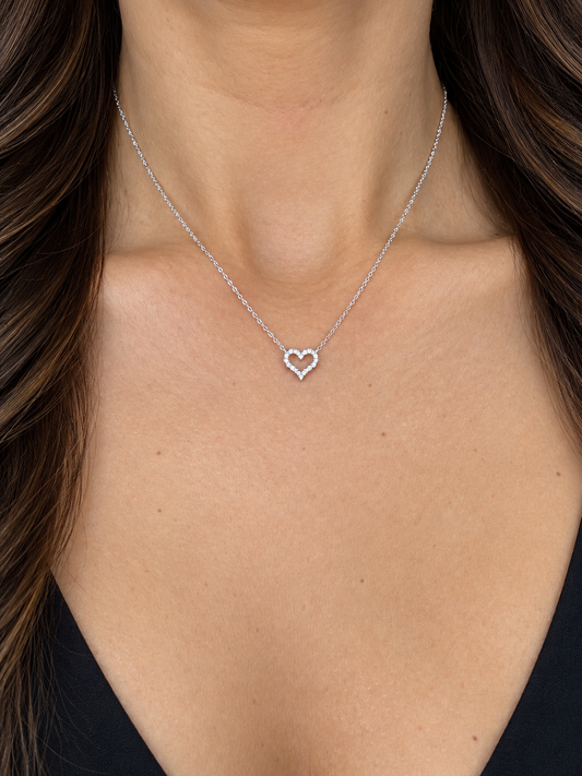 14k White Gold 8mm Mini Diamond Open Heart Necklace .15ctw