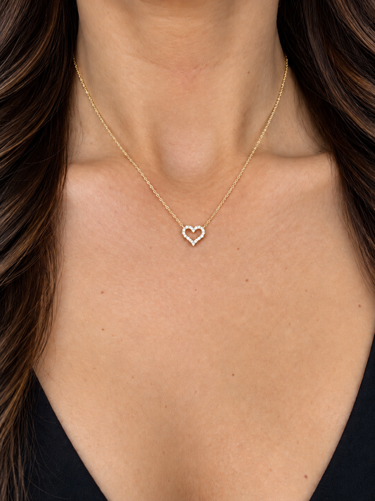 14k Yellow Gold 8mm Mini Diamond Open Heart Necklace .15ctw