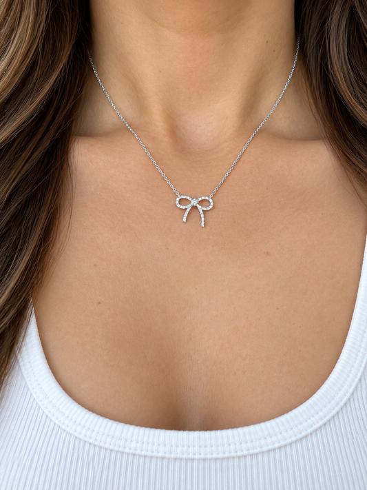 14k White Gold Bow Diamond Necklace