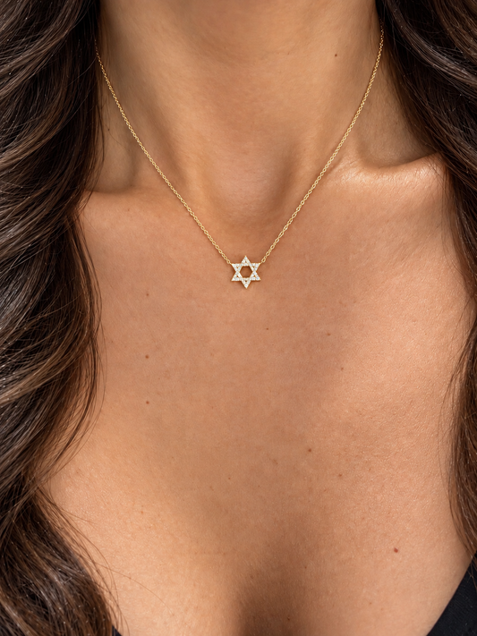 14k Yellow Gold Star of David Diamond Necklace 10mm