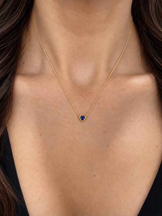 14k Yellow Gold Mini Blue Sapphire Bezel Heart Necklace .30ctw