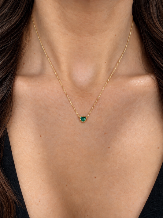 14k Yellow Gold Mini Emerald Bezel Heart Necklace .25ctw