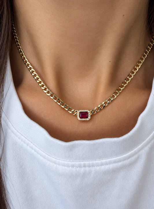 14k Yellow Gold Ruby Diamond Halo Cuban Link Choker Necklace .80ctw