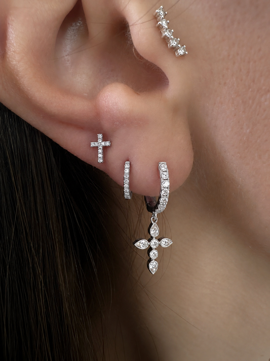 14k White Gold Mini Cross Diamond Stud Earrings