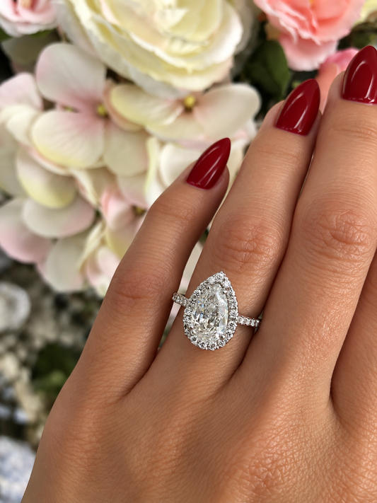 14k White Gold 1.29ct Natural Pear Diamond Halo Engagement Ring