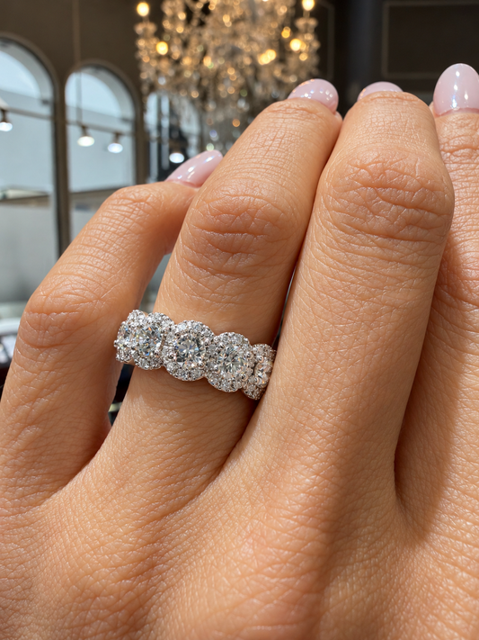 18k White Gold Five Stone Round Diamond Halo Band 1.75ctw