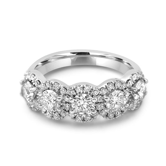 18k White Gold 5-Stone Round Diamond Halo Band 1.75ct