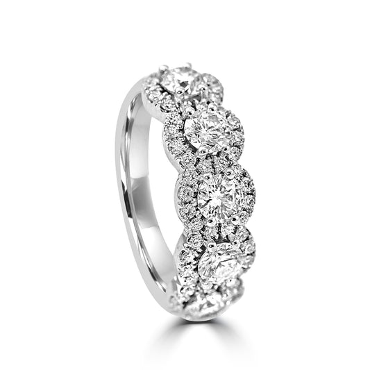 18k White Gold 5-Stone Round Diamond Halo Band 1.75ct